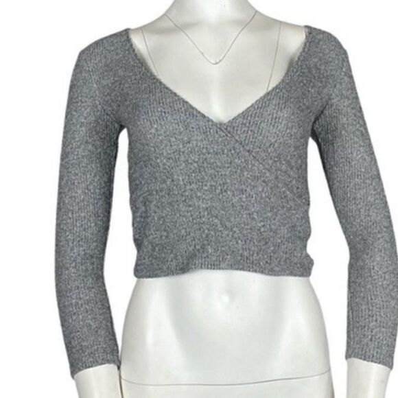 Express Faux Wrap Crop Top Marled Black - Picture 1 of 3